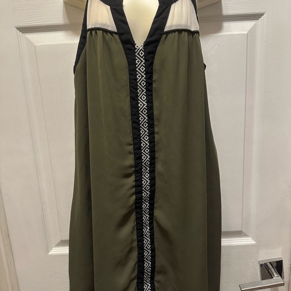 HeartSoul Olive Green Sleeveless V-Neck Dress with Black & White Trim